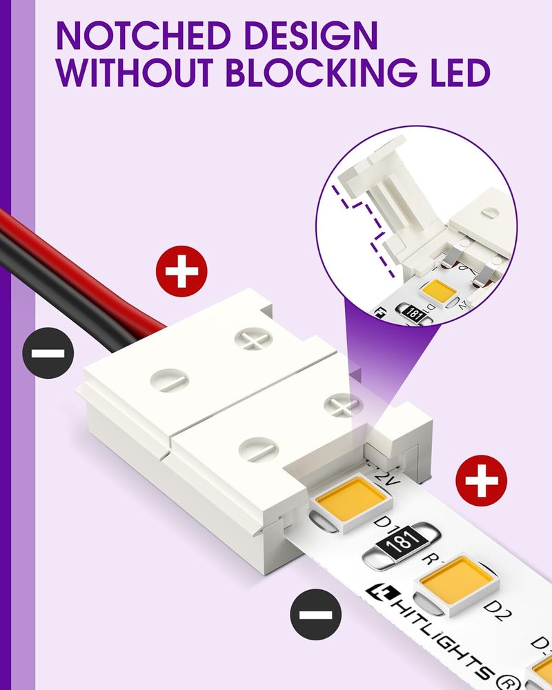 HitLights LED Strip Connector 2Pin 8mm Connector Kit Include Solderless Gapless Connector, 6Inch Jumper Connector, DC Female and Connector, DC Jack Splitter for 3528 5050 LED Strips - Image 3